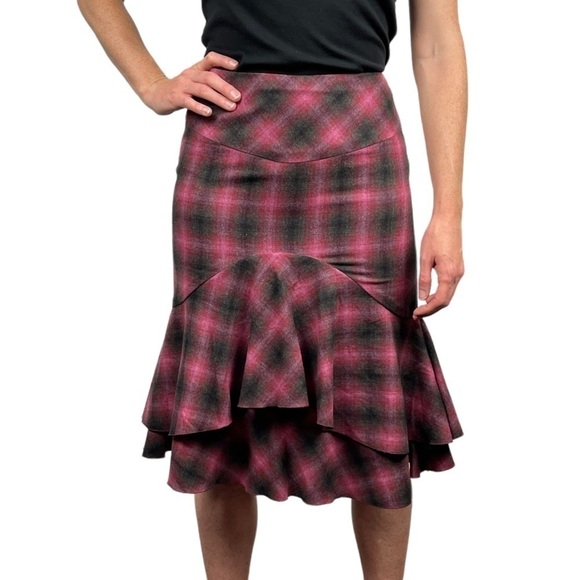 TRINA TURK TARTAN PLAID WOOL BLEND MERMAID RUFFLE TIERED SKIRT - Picture 1 of 10
